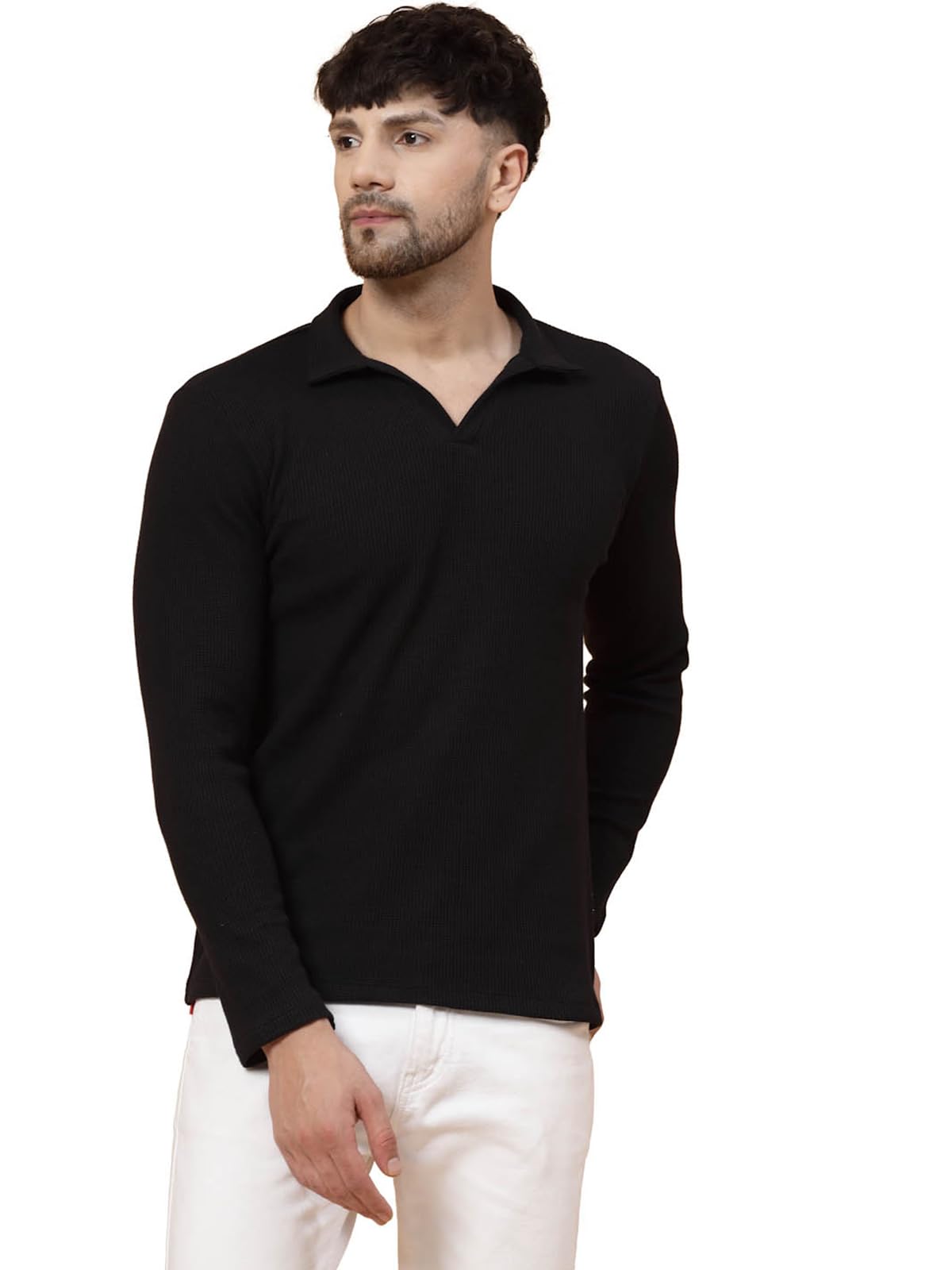Rigo Printed Casual T-Shirts for Men | Waffle Knit Solid T-Shirt for Men | Full Sleeves T-Shirts for Men Black