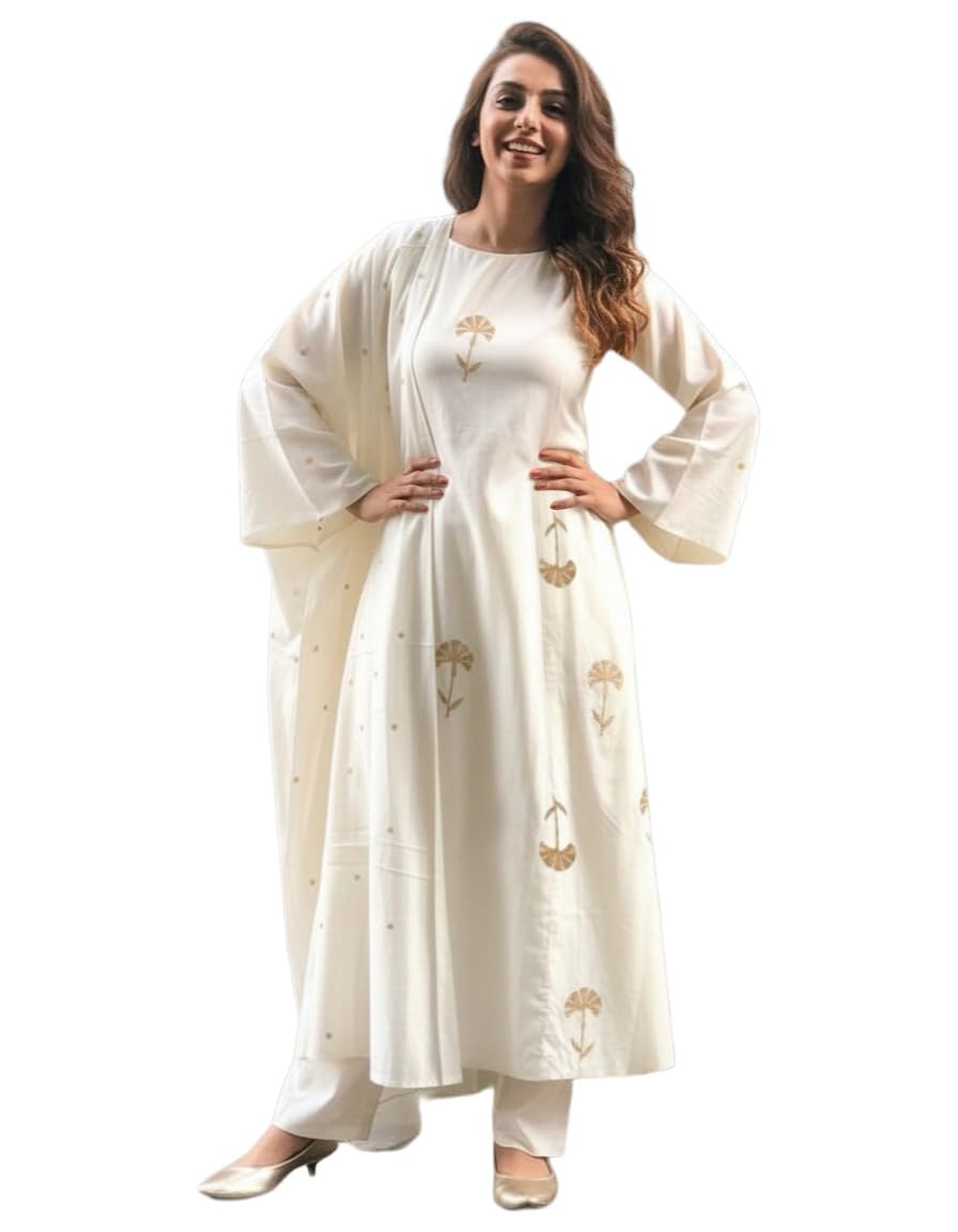 ANNI Designer Womens Viscose Printed A-Line Kurta with Pant Dupatta (Jalaja White_XXL_White_XX-Large)