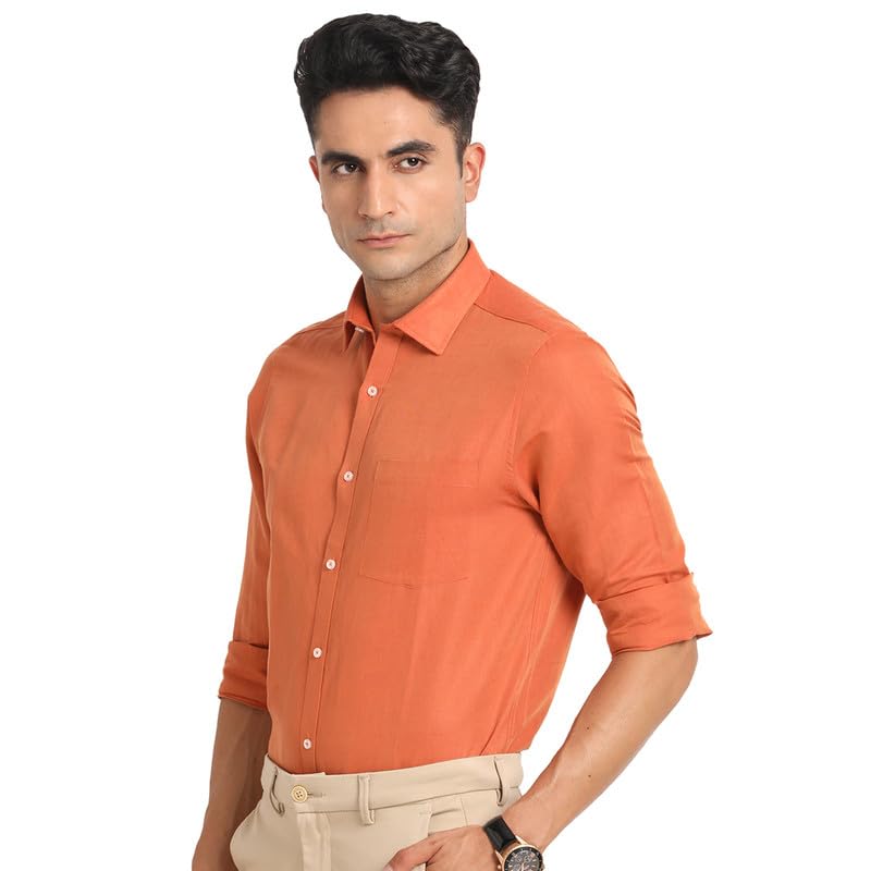Turtle Men Cotton Linen Slim Fit Rust Solid Formal Shirt