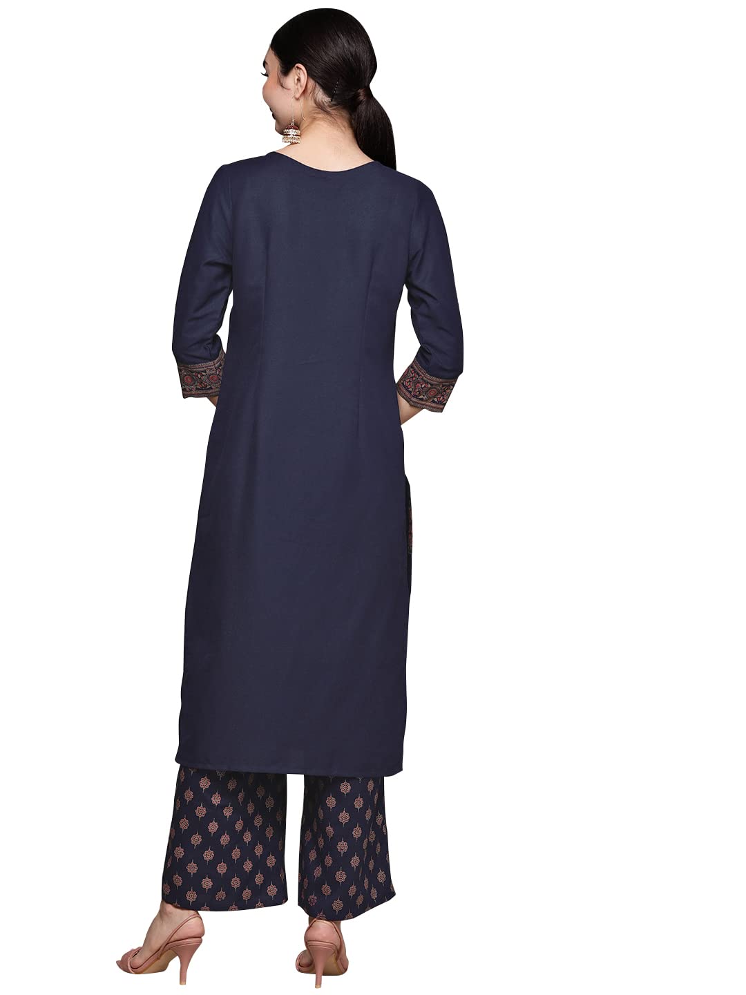 Ziyaa Women's Navy Blue Rayon Straight Kurta And Palazzo Set(ZIKURY3718ANDPL)