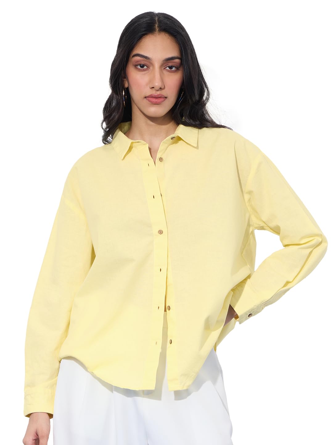 The Souled Store Cotton Linen Shirt: Butter Yellow Women and Girls Long Sleeve Collared Neck Button Front Solid Oversized Fit Br