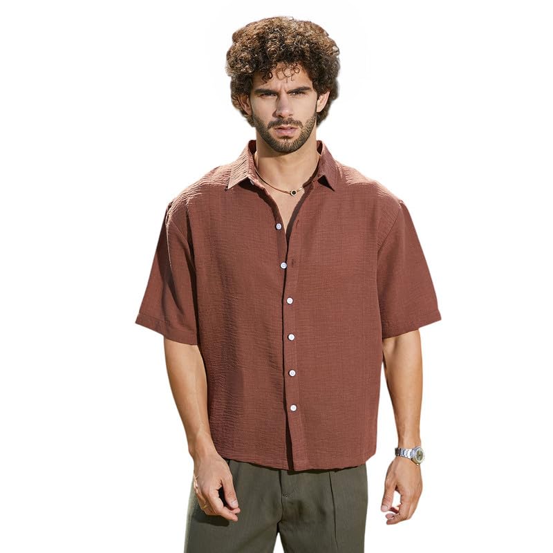 Campus Sutra Mens Sienna Brown Breezy Oversized Shirt for Casual Wear | Spread Collar | Short Regular Sleeves | Button Closure