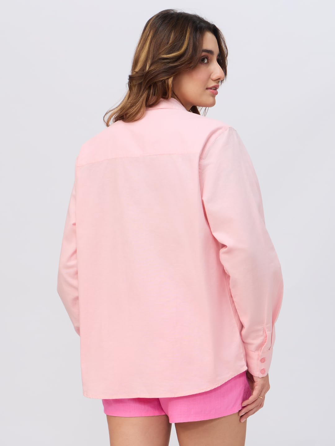 The Souled Store Cotton Linen Shirt: Flamingo Women and Girls Long Sleeve Collared Neck Pink Embroidered Oversized Fit Lightweig