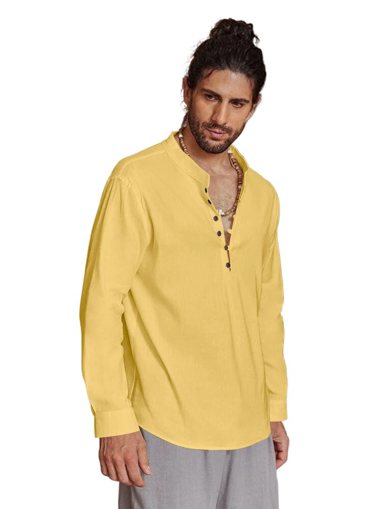 Royalscout MenS Cotton Solid Full Sleeve Short Kurta Shirt Yellow