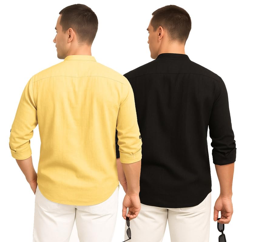 Deelmo Combo Of MenS Cotton Blend Solid Regular Fit Full Sleeve Short Kurta | MenS Trendy Short Kurta Pack Of 2 Yellow - Black