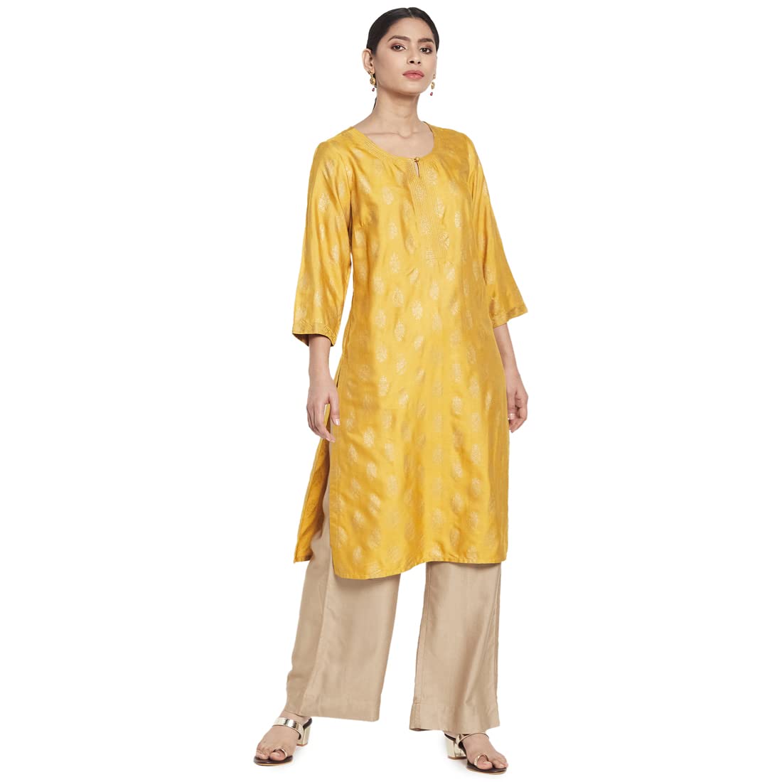Fabindia Women Viscose Silk Printed Knee Length Kurta Mustard_S