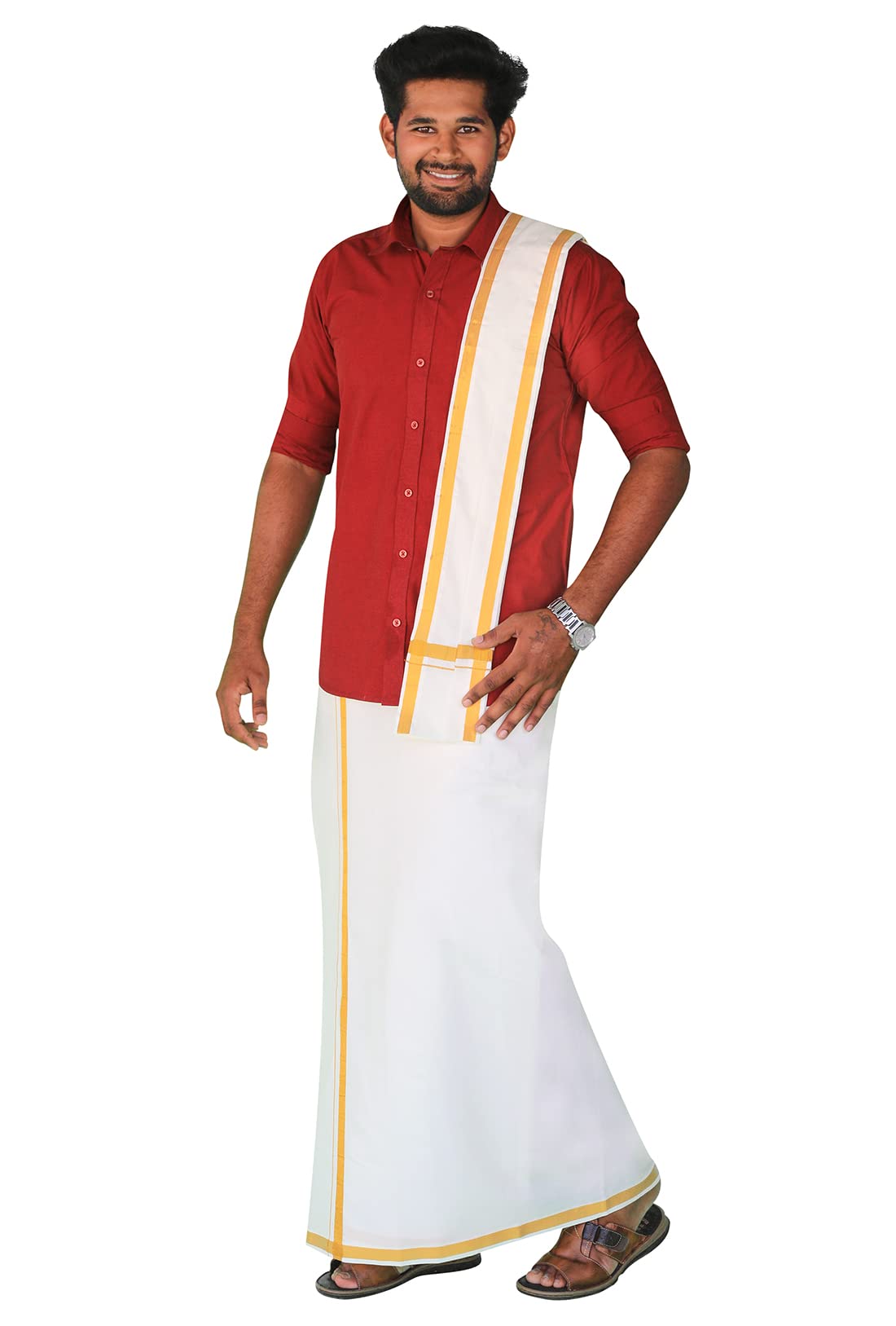 Prakasam Cotton Mens White Welcro Pocket Readymade Dhoti With Golden Jari Border + Matching Jari Cotton Single Towel Set Only (S