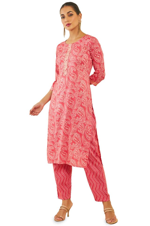 Soch Womens Pink Rayon Kurta Set with Paisley and Bandhani Print