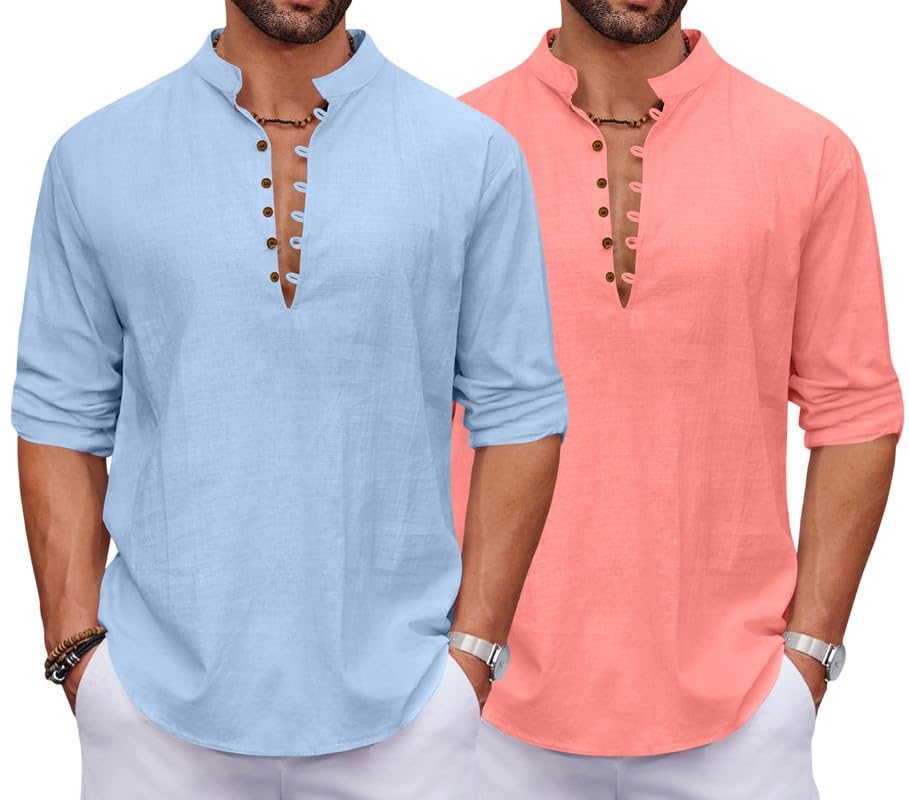 ROYALSCOUT Mens Stylish Casual Kurta Pack of 2 | Mandarin Collar Half Sleeve Ethnic Kurta | Cotton Polyester Blend Fabric, Fest