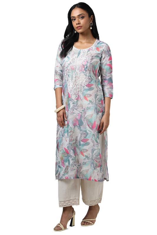Soch Womens Grey Muslin Floral Print Kurta with Sequins