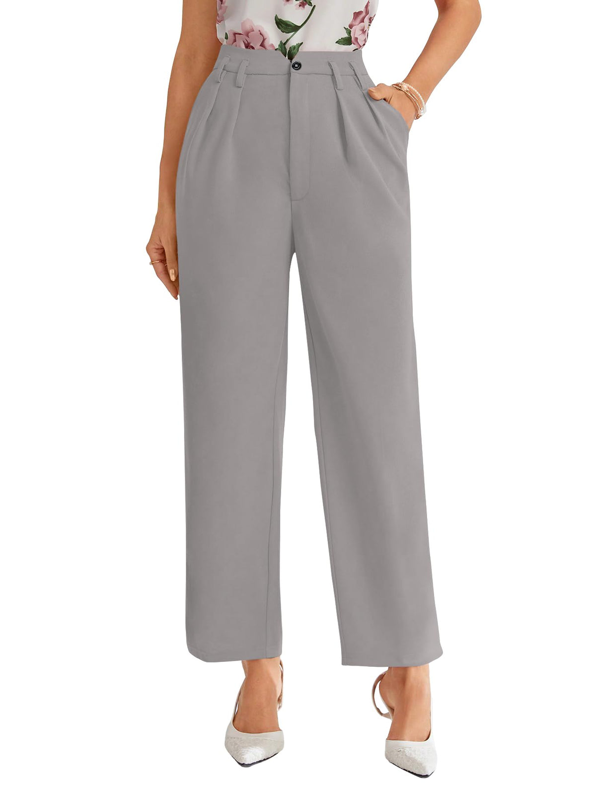 Shasmi Womens Light Grey High Waist Pleated Straight Leg Trousers Elegant Solid Color Work Pants with Pockets, Casual Office We