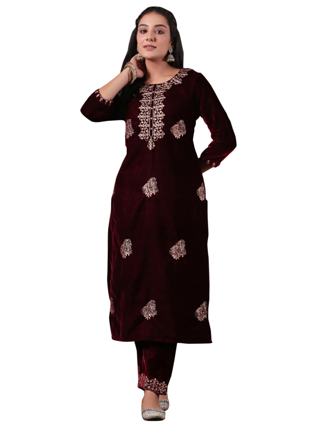 Ishin WomenS Velvet Ethnic Motifs Zari Maroon Straight Kurta Suit Set With Trousers & Dupatta