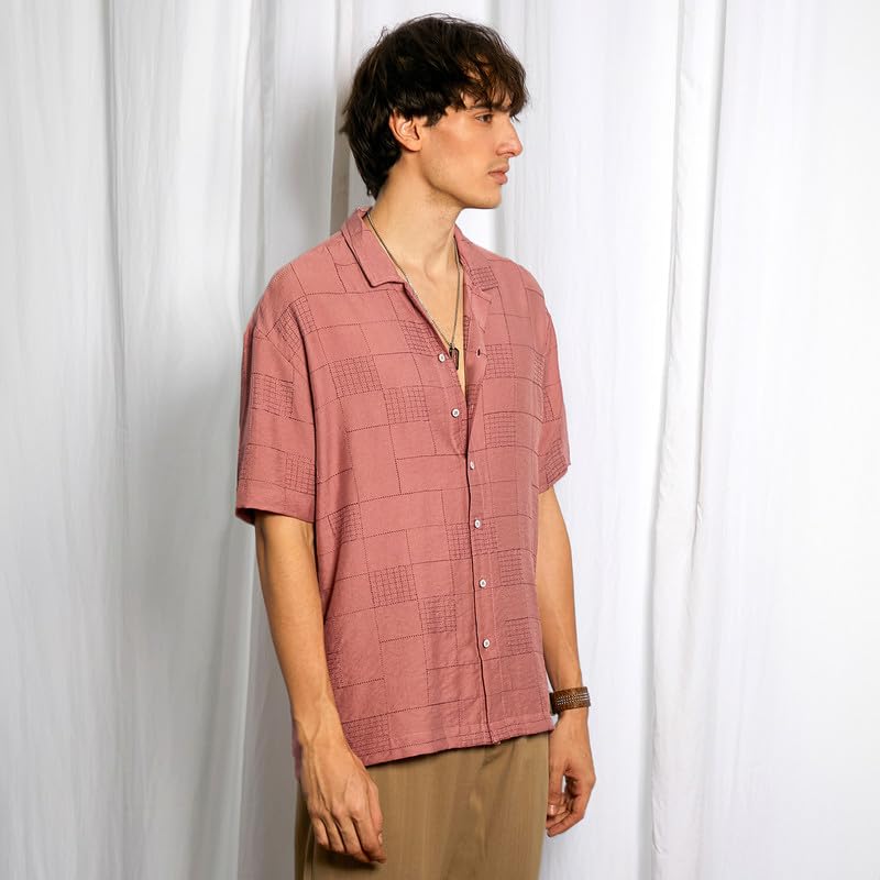 Campus Sutra Mens Sienna Brown Graph-Tactile Oversized Shirt for Casual Wear | Cuban Collar | Short Sleeve | Button Closure | O