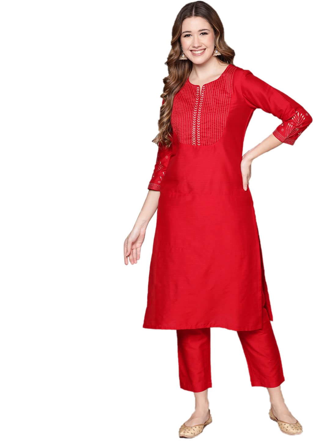 anubhutee Womens Cotton Red Woven Design Thread Work Straight Kurta Suit Set With Pants
