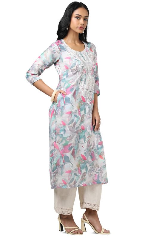Soch Womens Grey Muslin Floral Print Kurta with Sequins