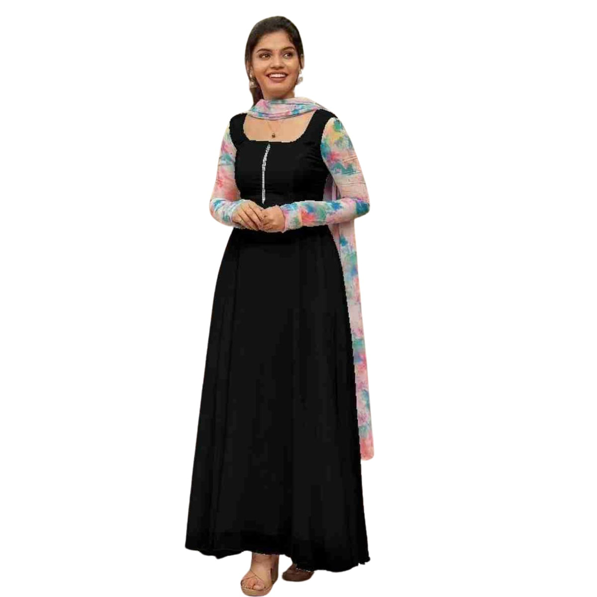 Anveri Textiles WomenS Georgette Gown Dress With Full Sleeve Round Neck Knee Length Solid Pattern And Dupatta | Eyhnic Long Len