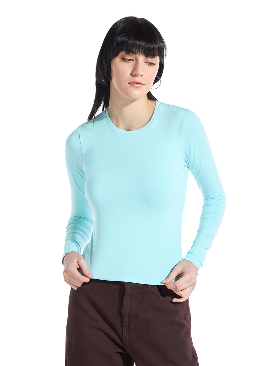 Bewakoof Womens Solid Slim Fit Full Sleeve Round Neck Cotton Lycra Blend Top_646764_Blue_S