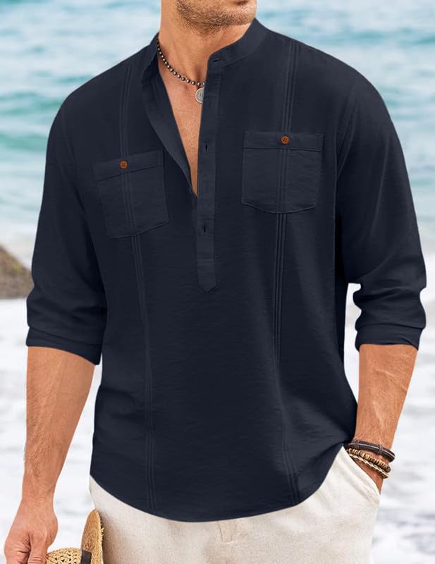 Macsivo Cotton Blend Solid Casual Short Kurta For Men Long Sleeve Mandarin Collar Stylish Shirt Kurta For Men Navy
