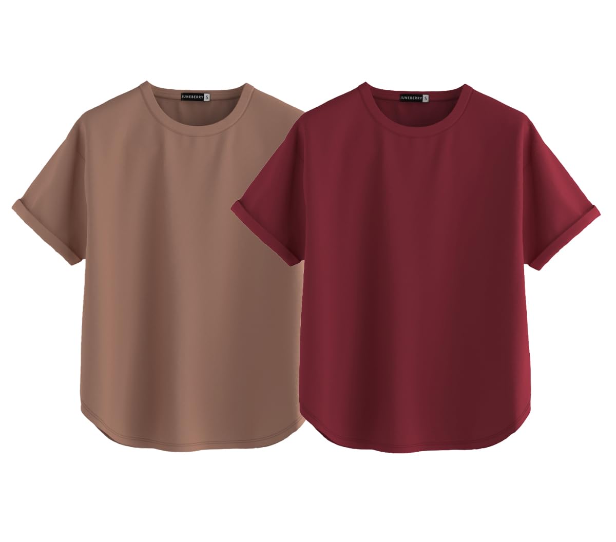 Juneberry Pure 100% Cotton Oversized Loose Baggy Fit Round Neck With Drop Shoulder Cork & Maroon Half Sleeves Boyfriend T-Shirt