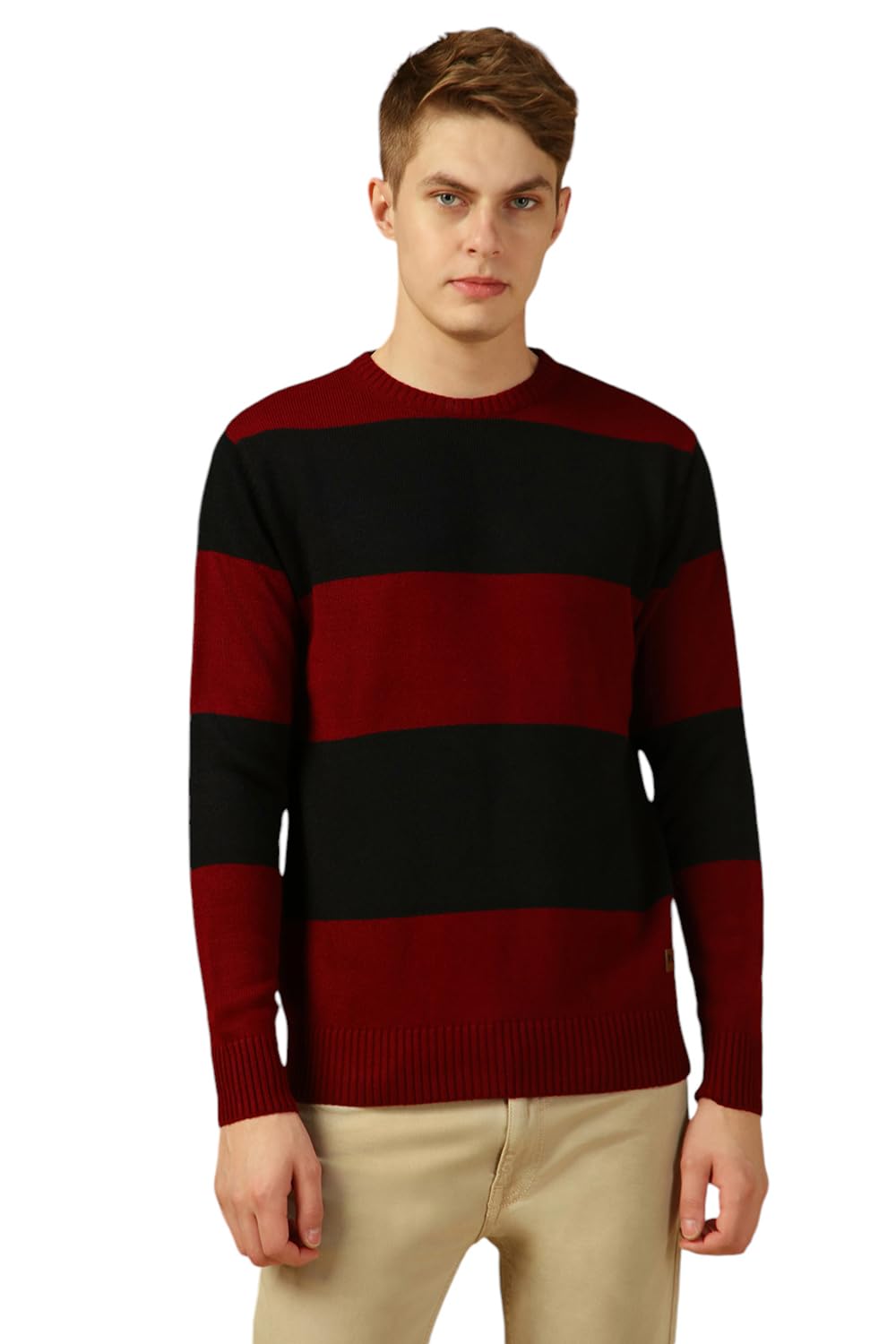 Dennis Lingo Men Black Striped Slim Fit Full Sleeve Crew Pullover Sweater