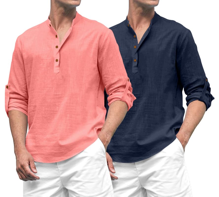 Royalscout Combo Of MenS Solid Cotton Blend Full Sleeve Straight Kurta Shirt (Pack Of 2) Peach-Navy
