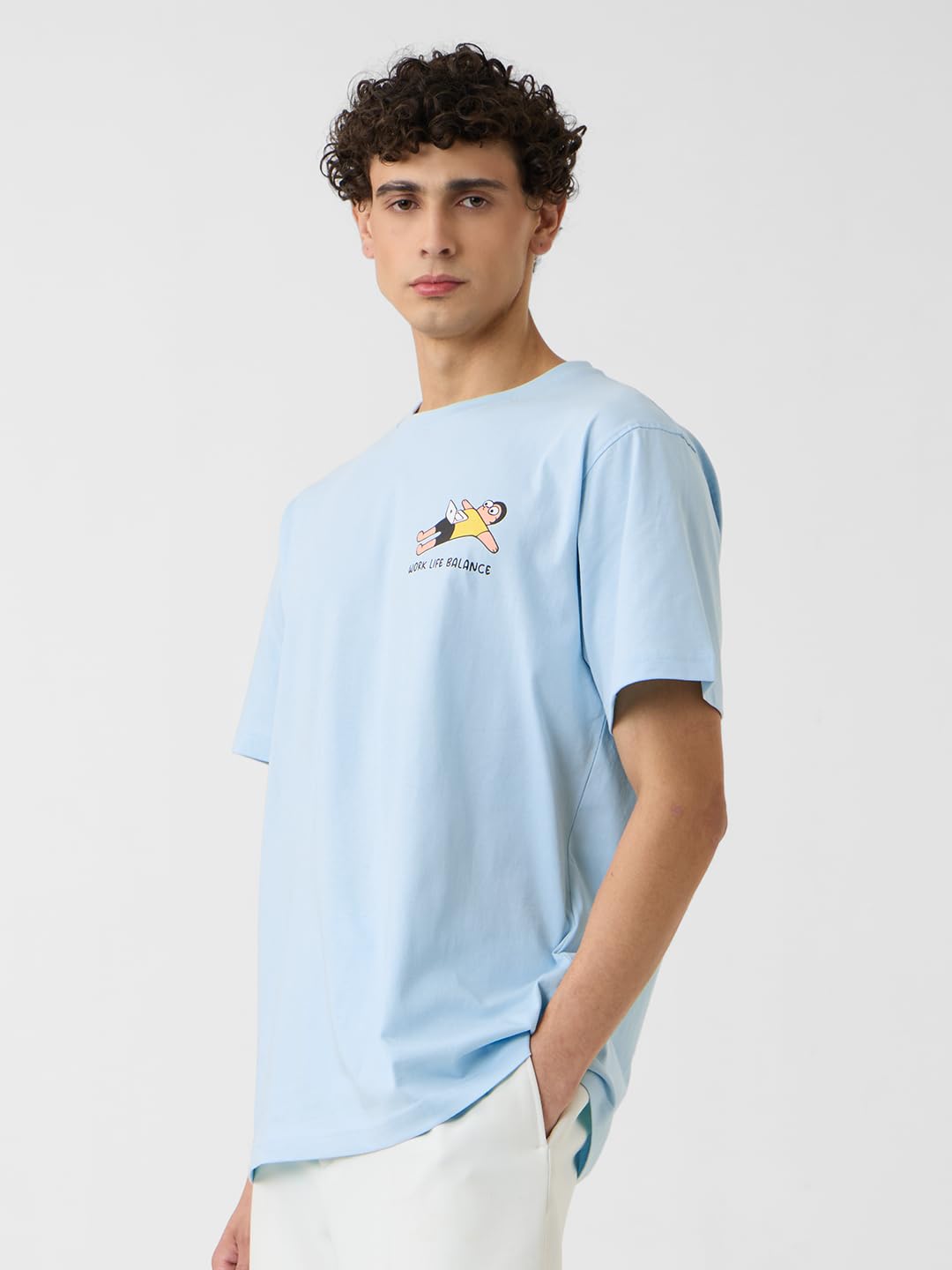 The Souled Store Relaxed T-Shirt: Work Life Balance Men and Boys Short Sleeves Round Neck Blue Graphic Printed Regular Fit Cotto