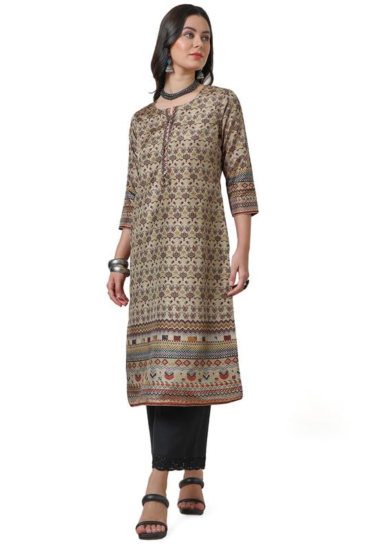 Soch Womens Beige Ethnic Motifs Silk Blend Kurta with Tassels