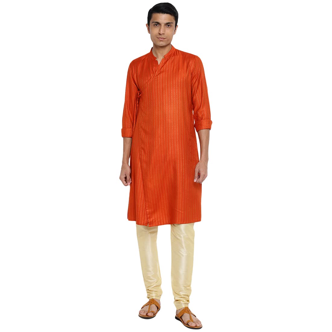 Fabindia Men Viscose Blend Dobby Long Kurta Orange_S