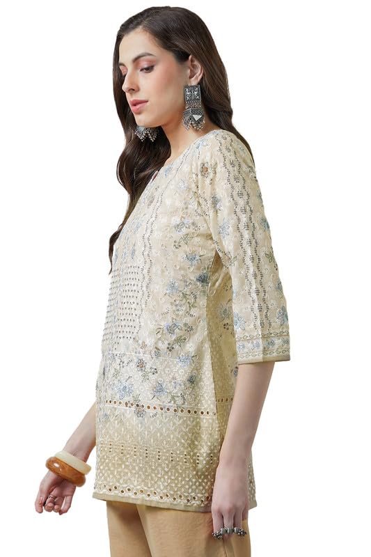 Soch Womens Cream Cotton Blend Notch Neck Schiffli Tunic