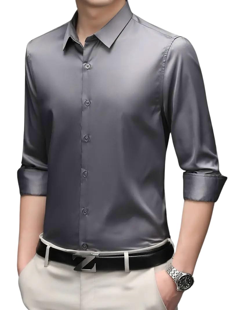 Indoprimo MenS Premium Solid Satin Casual Party Shirt Full Sleeve Darkgrey