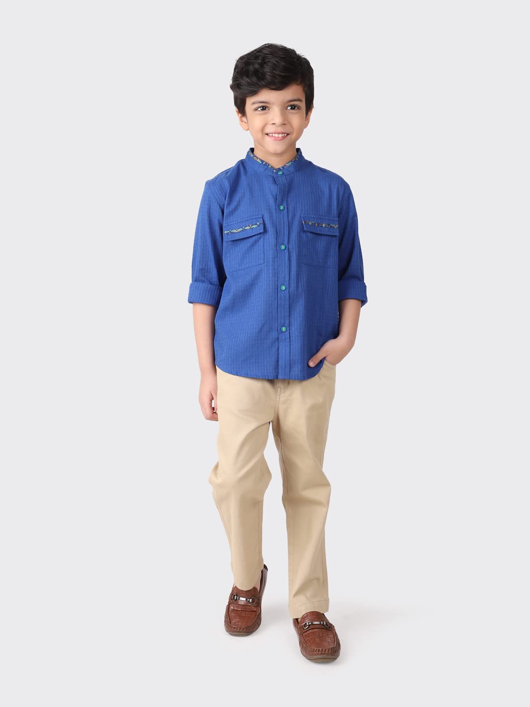 Fabindia Kids Cotton Chinese Collar Shirt Blue_6-8Y