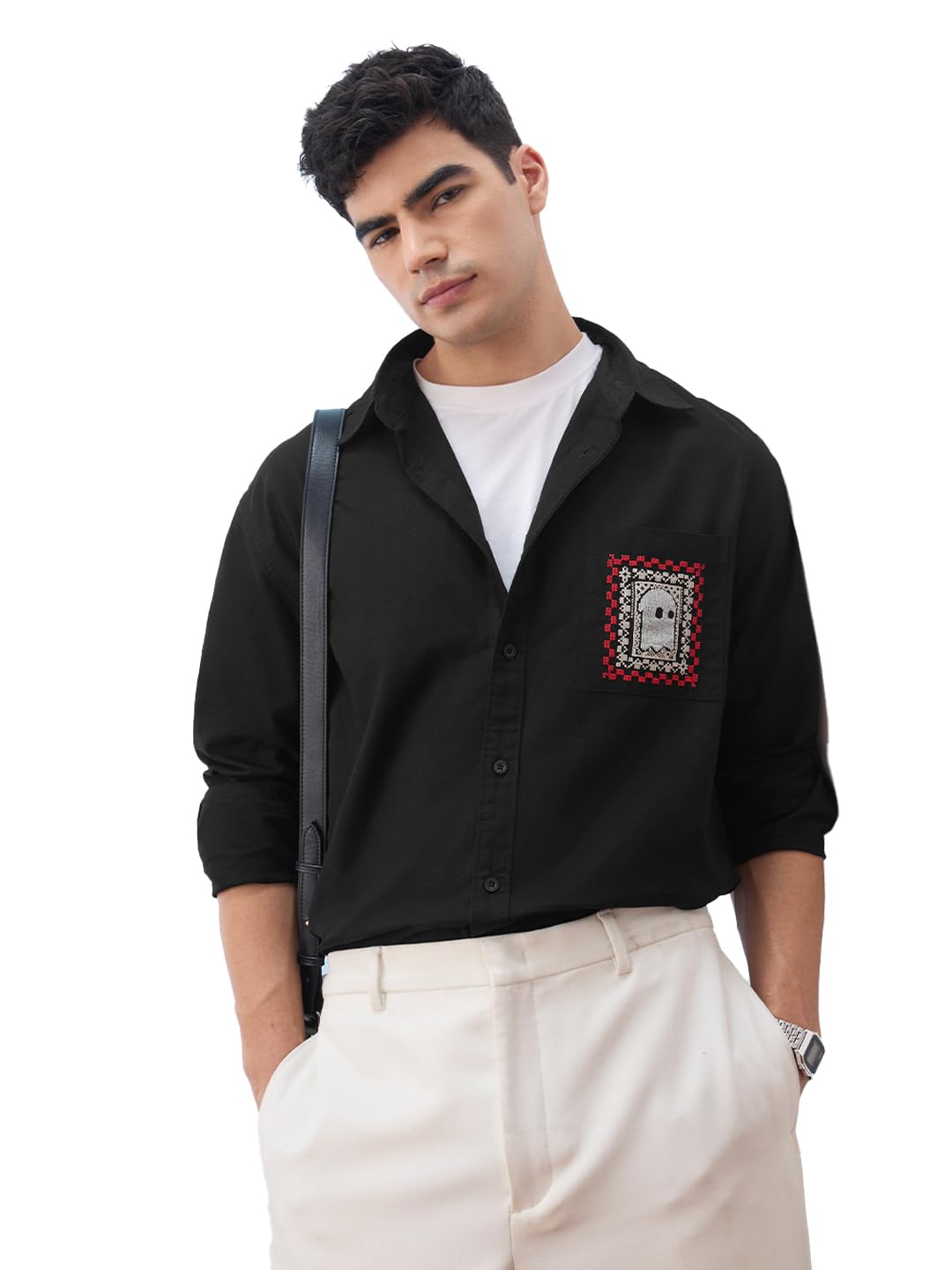 The Souled Store Relaxed Shirt: Souled Original Men and Boys Long Sleeves Collared Neck Button Front Black Embroidered Relaxed F