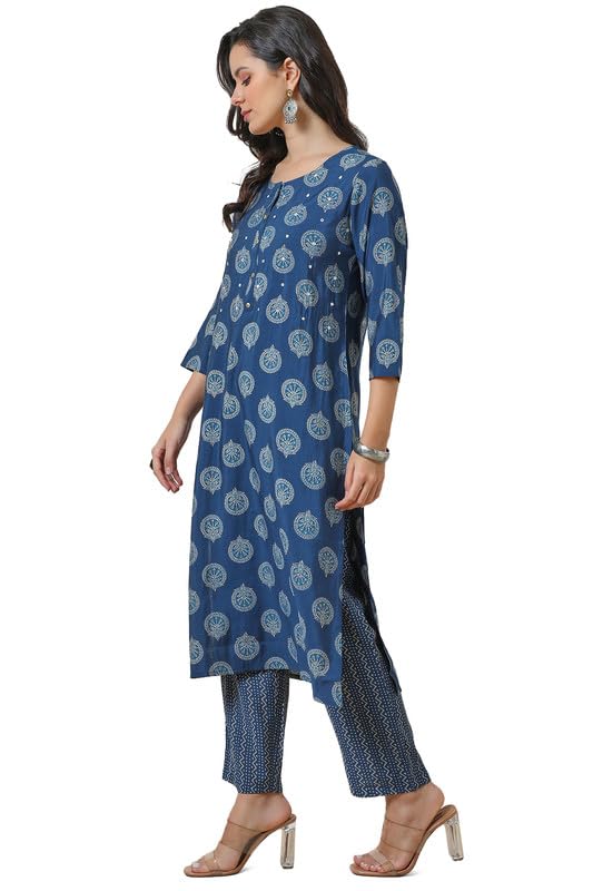Soch Womens Blue Muslin Blend Ethnic Motifs Kurta Set With Faux Mirror