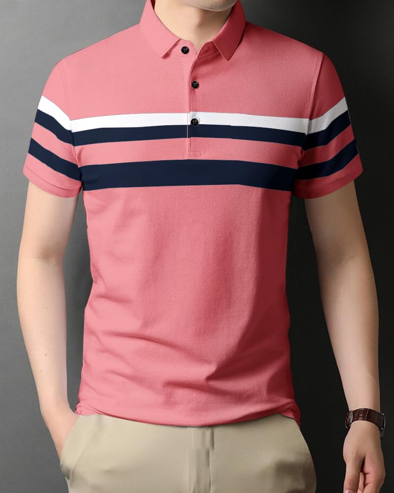 Noble Monk Polo Neck Half Sleeve Striped Print Casual Men Tshirt