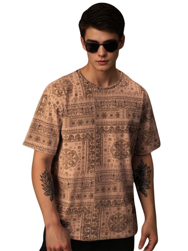 Veirdo Mens Cotton Oversized Loose Baggy Fit Drop Shoulder Round Neck Paisley Short Sleeve T-Shirt B