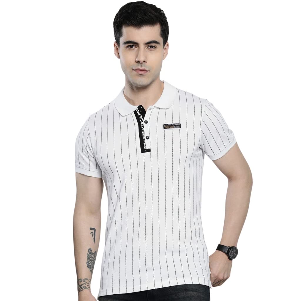 The Indian Garage Co Men Slim Fit Striped Polo Collar Tshirt White