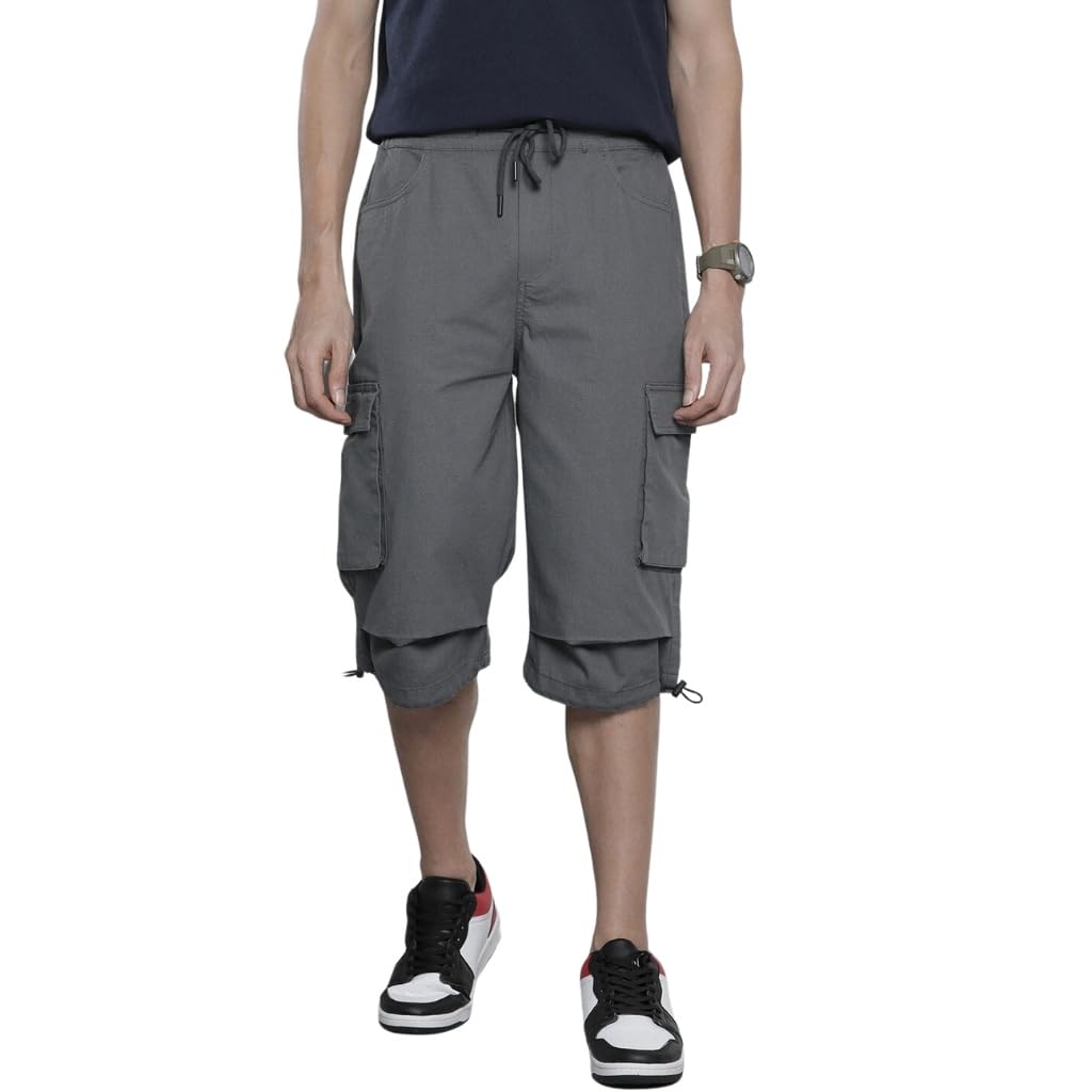 The Indian Garage Co Men Relaxed Fit Solid Mid-Rise Cargo Bermuda Shorts Ash Grey