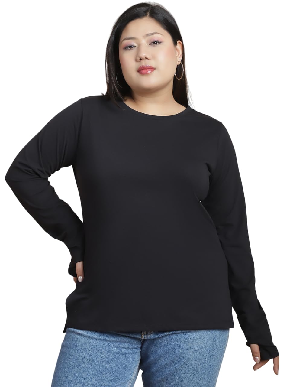 Rigo Plus Size Thumbhole Top for Women | Round Neck, Side Slits, Slim Fit Top for Women | Western Tops for Girls | Gym/Sports We