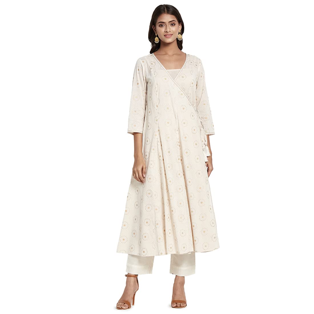 Fabindia Women Cotton Hand Block Print Long Kurta Natural_Xl, Regular Fit