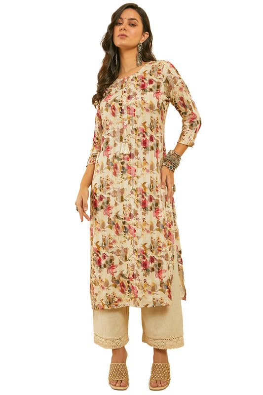Soch Womens Pink Rayon Floral Print Kantha Weave Kurta With Tassels
