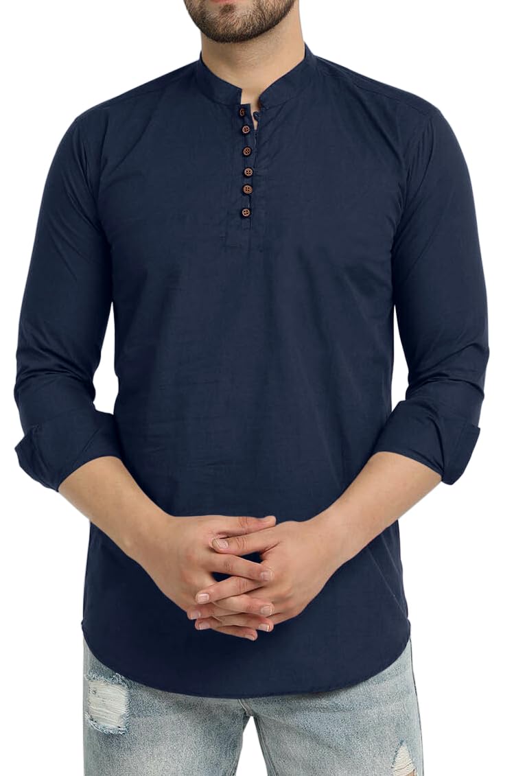 Royalscout MenS Cotton Blend Full Sleeve Short Kurta With Mandarin Collar Navy