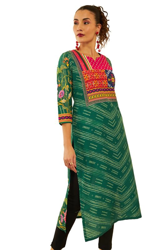 Soch Womens Green Muslin Blend Floral Printed Kurta With Sequinned