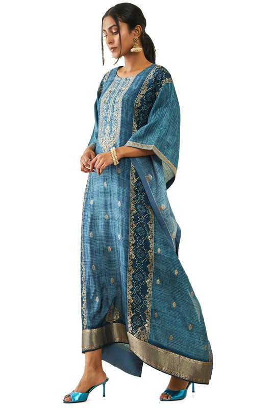 Soch Womens Blue Brocade Bandhani Print Ankle-Length Kaftan with Inner Slip
