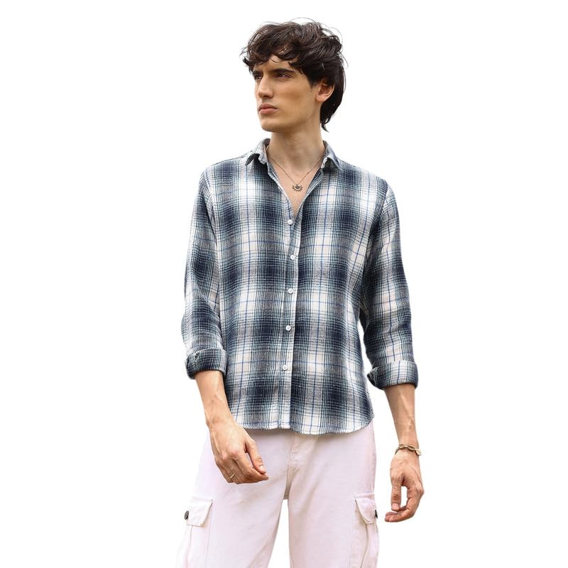 Campus Sutra Mens Navy Blue & Ivory White Ombre Buffalo Check Shirt | Casual Wear | Spread Collar | Long Sleeve | Button Closur
