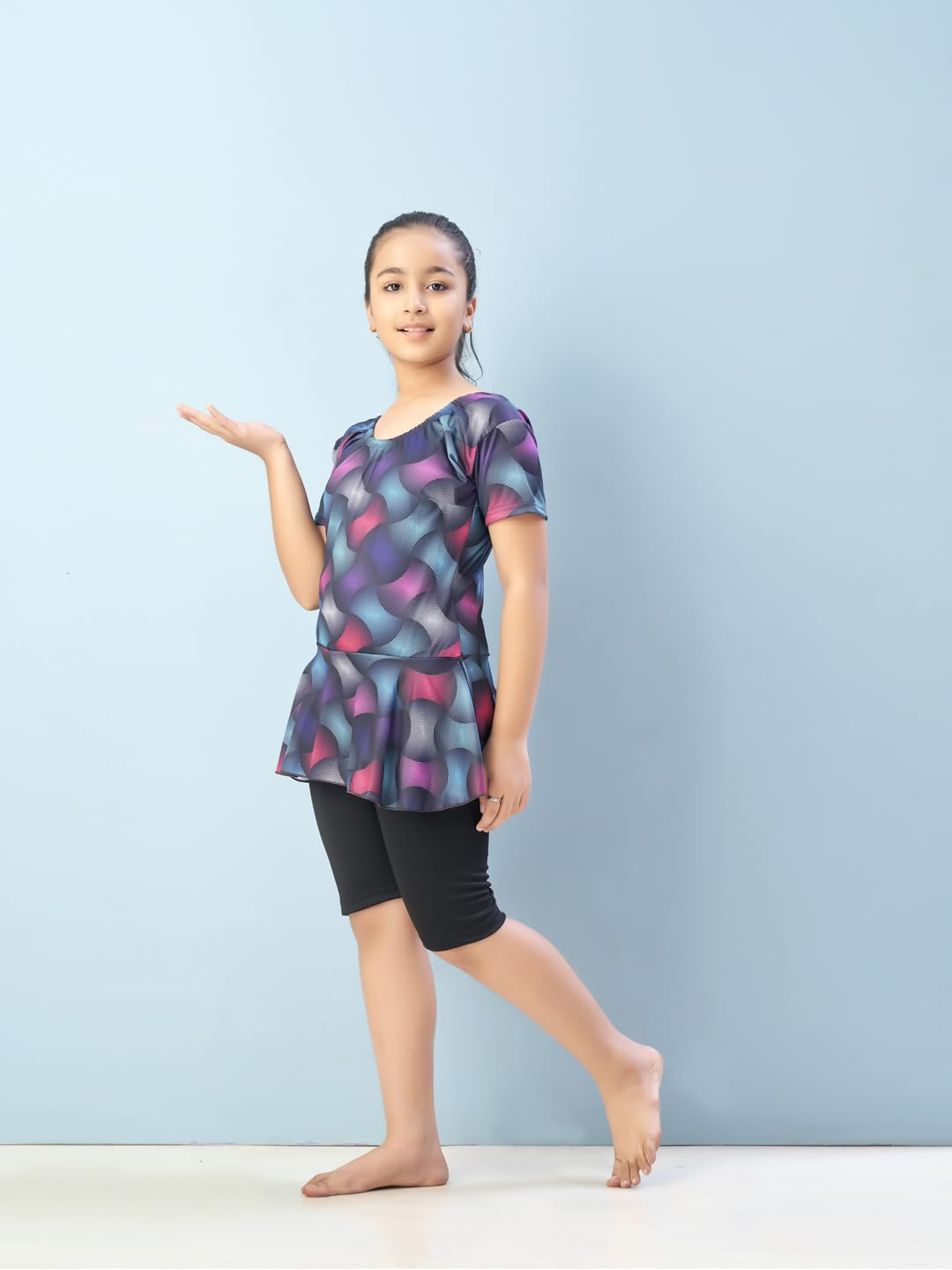 Aarika Girls Sports Wear Multi-Black Colour Abstract Print Nylon Swim Suit (5-15 Years)-(SW-SHM-CA-1120)