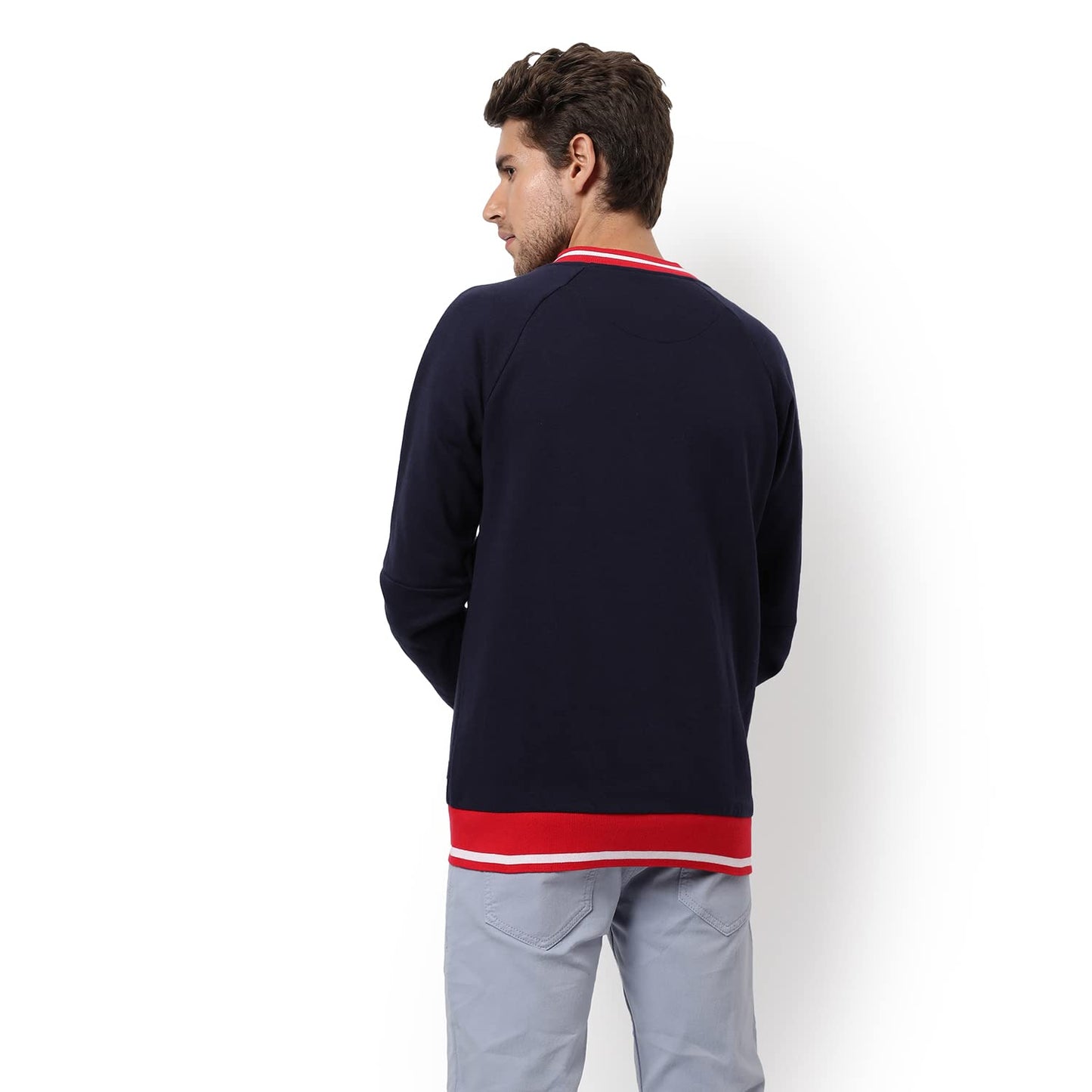 Campus Sutra Mens Blue & Red Colour-Blocked Solid Regular Fit Cotton Varsity Jacket For Winter Wear | Low-Cut Standing Collar |