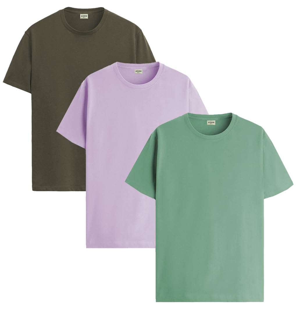 ADRO Mens Solid Regular Fit T-Shirt (RCM3-PLN-PU-OL-PT_Purple,Olive,Pista
