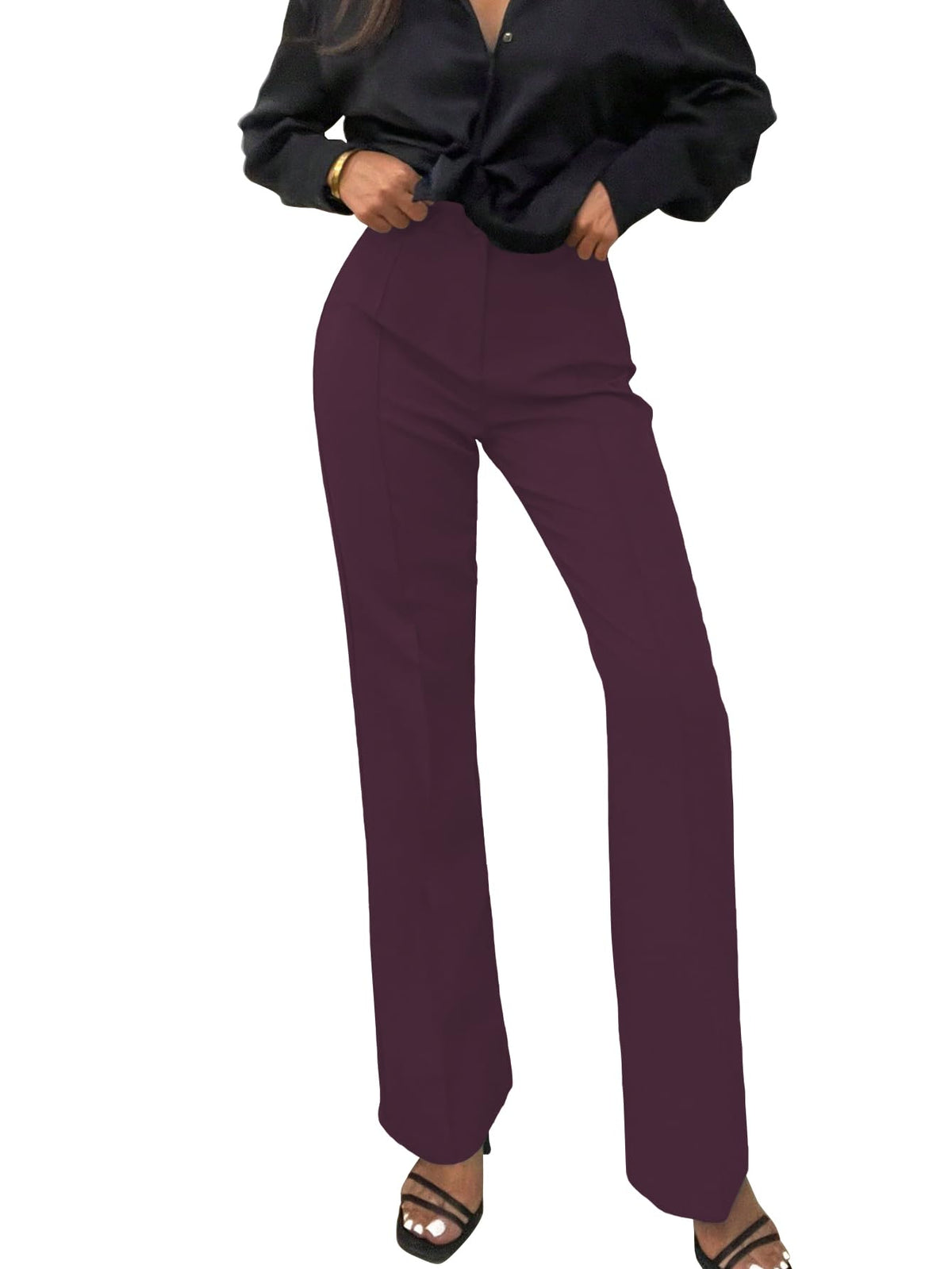 Shasmi Womens Wine High Waist Trousers, Seam Detail Straight Leg Pants & Elegant Flared Trousers, Casual & Office Wear, Spring/F