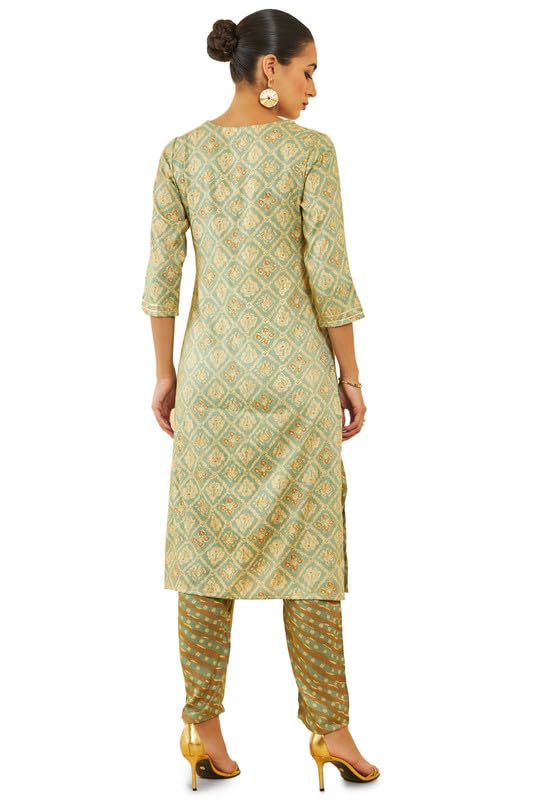 Soch Womens Sap Green Rayon Printed Straight Kurta Set with Gota Patti Work