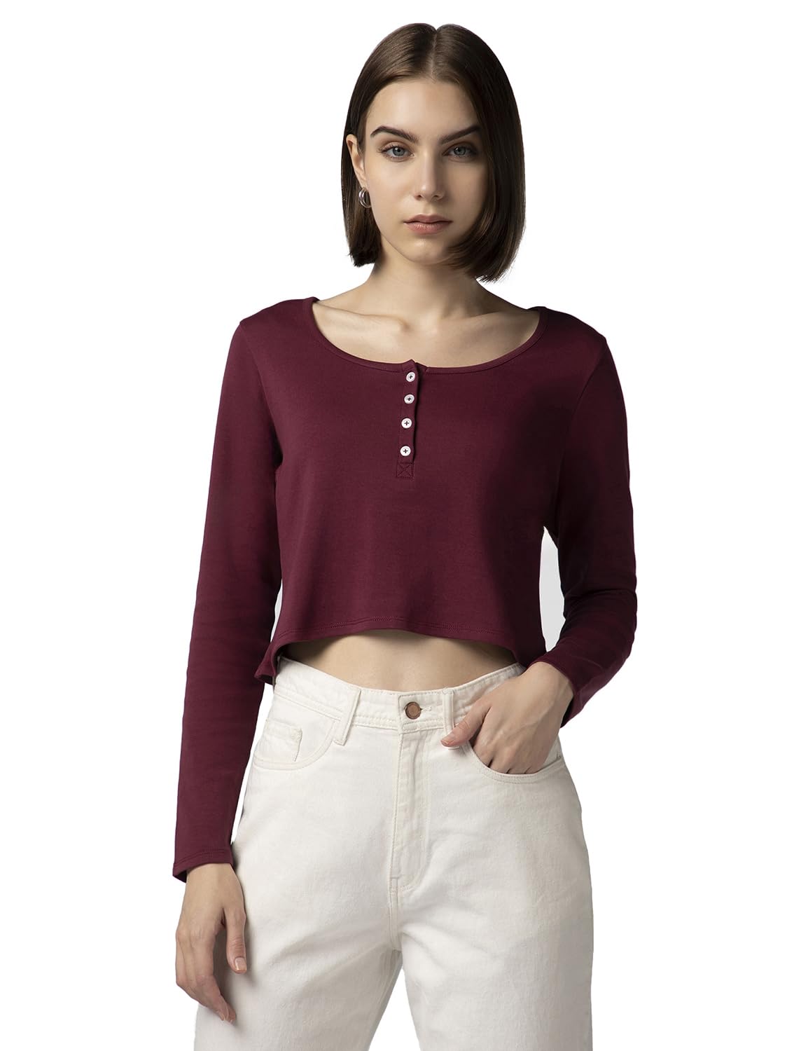 FYLTR Womens Casual Scoop Neck Henley T-Shirt - Full Sleeves | Fitted Length